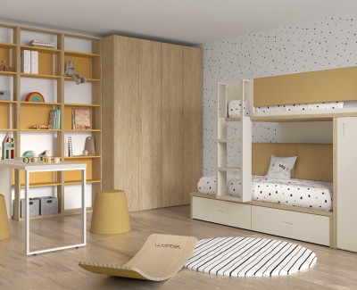 Chambre ado avec lit superposé, armoire, et bureau avec étagères