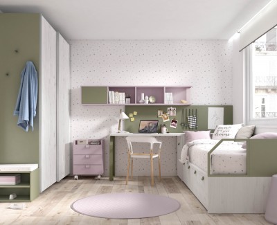 Chambre ado avec lit compact avec tiroirs, armoire, meuble de finition avec miroir, bureau avec caisson à roulettes