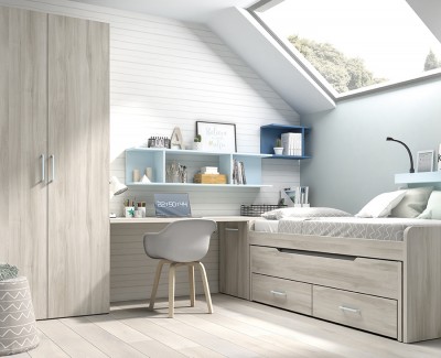Chambre ado avec lit gigogne avec 2 tiroirs, armoire et bureau avec étagères