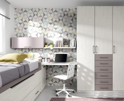 Chambre ado composée de lit compact, armoire, bureau et étagères
