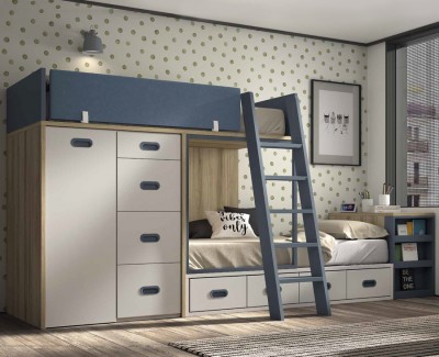 Chambre ado avec lit superposé avec armoire extractible, meuble à 4 tiroirs et meuble extractible porte-revues
