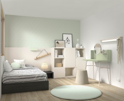 Chambre ado avec lit tatami avec 2 tiroirs, bureau/coiffeuse et meuble à étagères