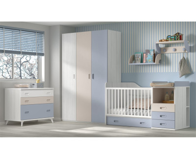 Chambre bébé avec lit convertible en lit enfant, avec commode et armoire