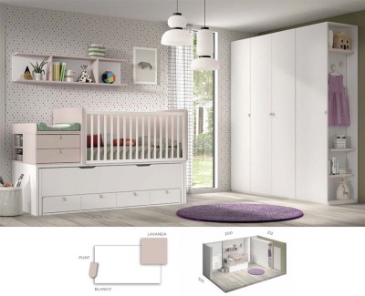 Chambre avec lit bébé convertible en lit et bureau enfant, et armoires