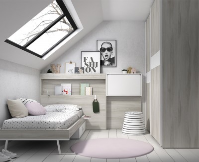 Chambre enfant avec lit simple avec tiroir et tête de lit, armoire à portes coulissantes et bureau rabattable