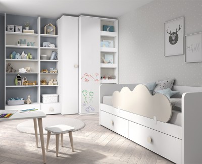 Chambre enfant avec lit compact avec 2 tiroirs, armoire et étagère