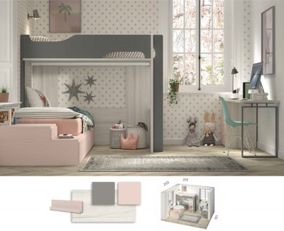 Chambre avec lit superposé enfant avec lit compact avec tiroirs et bureau