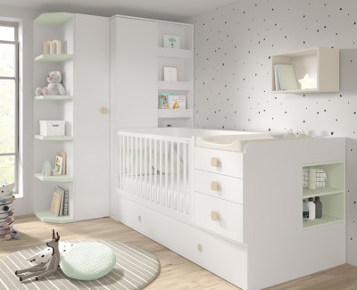 Chambre bébé avec lit convertible en chambre enfant, et armoire