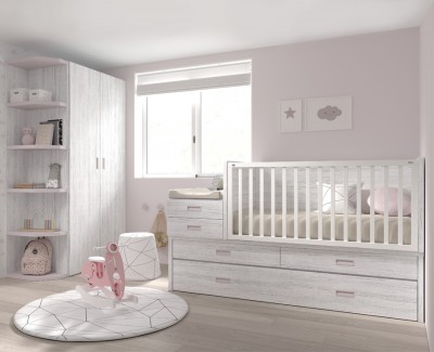 Chambre bébé avec lit convertible en chambre enfant, et armoire