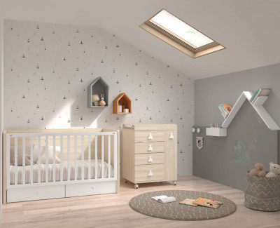 Lit bébé avec tiroirs convertible en lit enfant et bureau