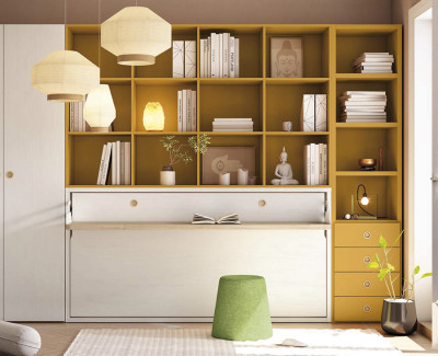 Lit escamotable horizontal avec étagères et bureau