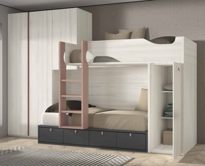 Chambre ado avec lit superposé avec 4 tiroirs, armoire amovible et armoire à portes battantes