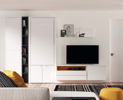 Meuble TV avec bibliothèque, meuble de rangement et bureau rabattable