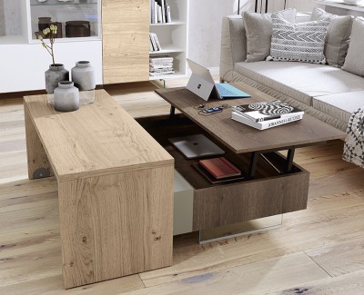 Table basse avec plateau relevable, tiroir, et table amovible