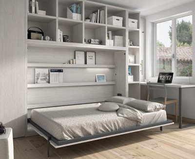Chambre avec lit escamotable avec étagères, armoire et bureau