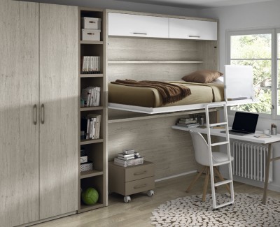 Chambre ado composée de lit escamotable haut, bureau, étagère et armoire 
