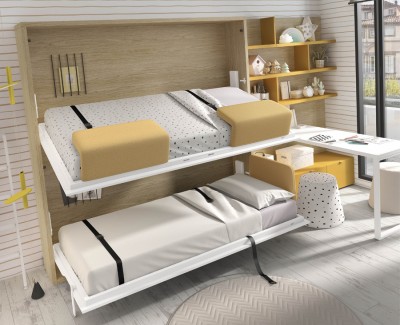 Chambre enfant avec lit superposé escamotable et bureau avec étagères et tiroirs