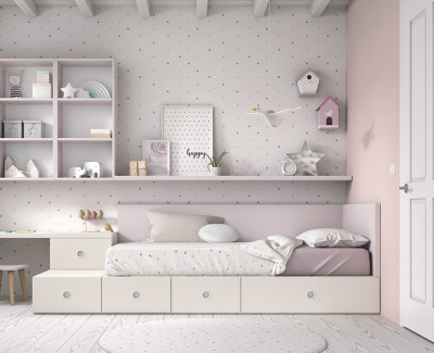 Chambre enfant avec lit compact, bureau, tiroirs et étagères