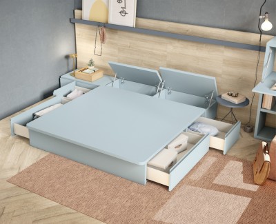 Lit double avec rangement, tête de lit, tables de chevet et meuble avec bureau rabattable