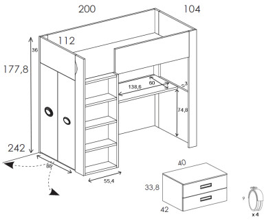 Lit mezzanine avec bureau et armoire