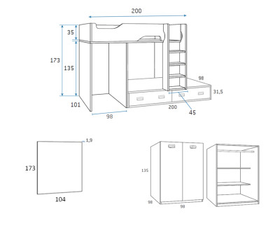 Lit superposé avec armoire à portes battantes et 2 tiroirs