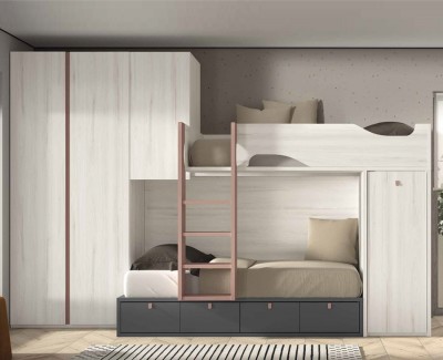 Chambre ado avec lit superposé avec 4 tiroirs, armoire amovible et armoire à portes battantes