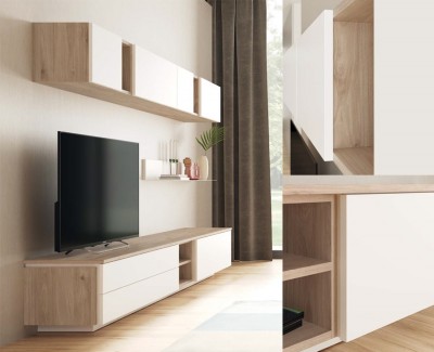 Meuble TV avec tiroirs et porte rabattable, et ensemble d'étagères murales