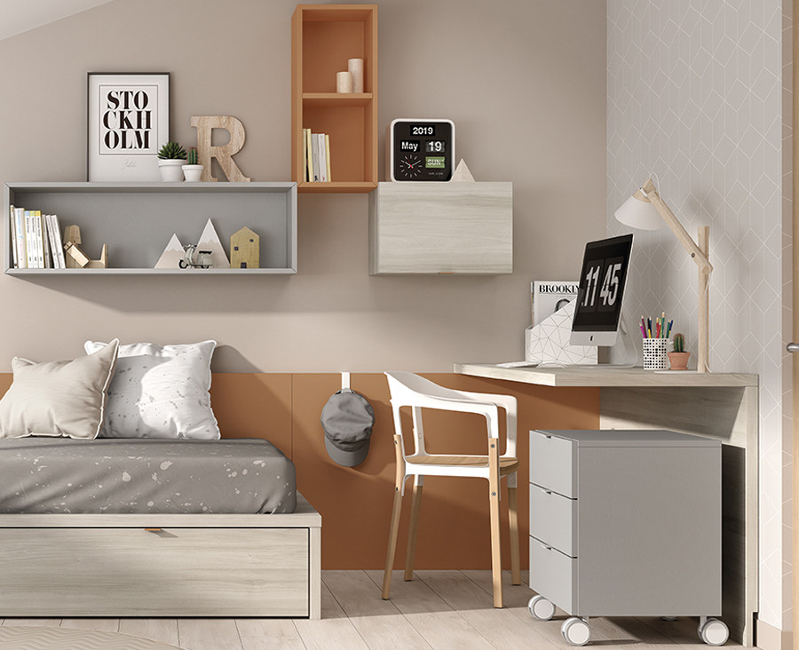 Chambre ado avec lit compact avec tiroirs, armoire, et bureau avec étagères