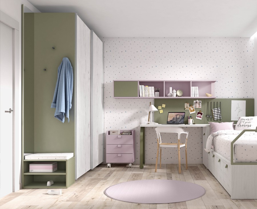 Chambre ado avec lit compact avec tiroirs, armoire, meuble de finition avec  miroir, bureau avec caisson à roulettes - UNNIQ Habitat