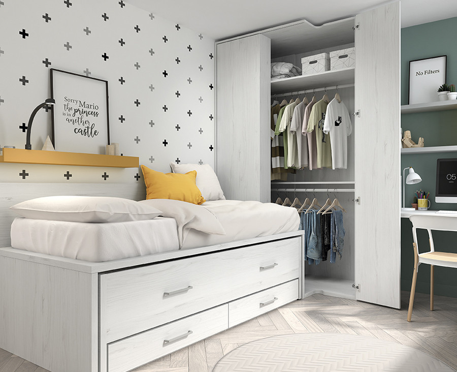 Chambre enfant avec lit gigogne et échelle, armoire d'angle, armoire de  finition, et bureau avec étagères et meuble de rangement extractible -  UNNIQ Habitat