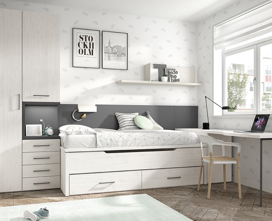Chambre ado avec lit compact avec tiroirs, armoire, et bureau avec étagères
