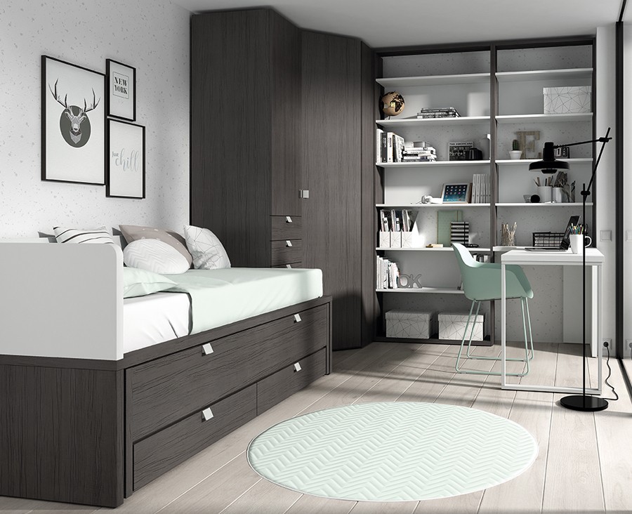 Chambre ado avec lit gigogne, armoire d'angle et bureau avec