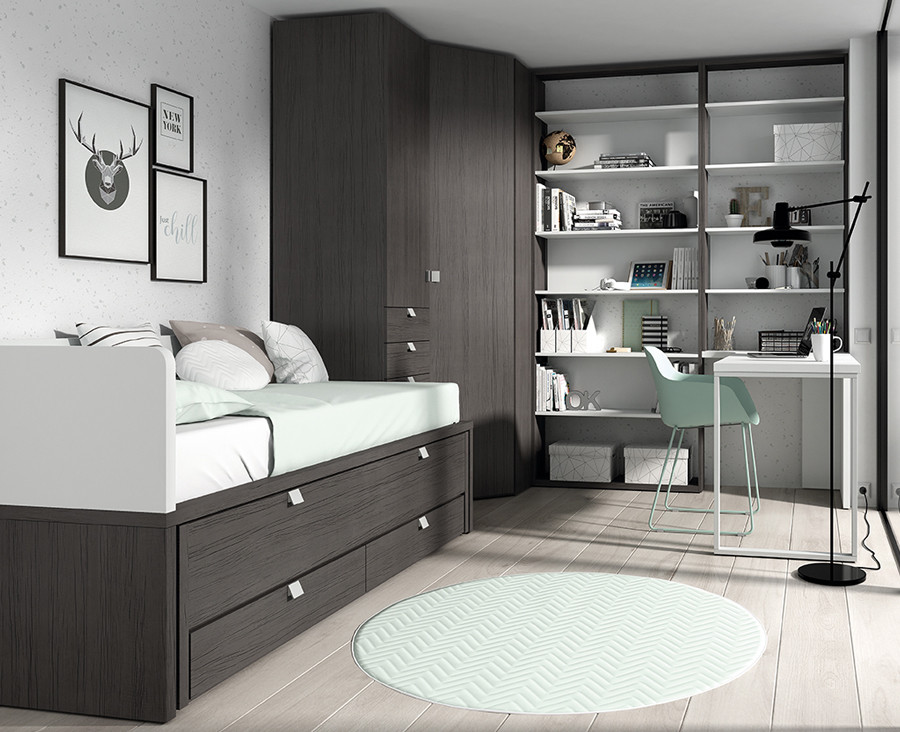Chambre Ado Avec Lit Gigogne Avec 2 Tiroirs Armoire D Angle Et Bureau Avec Etagere Unniq Habitat