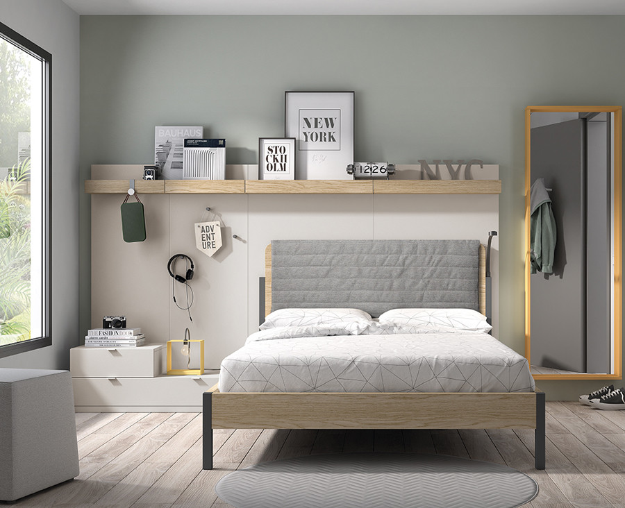 Chambre ado avec lit double, avec panneaux étagères portes-revues et