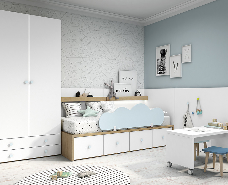 Chambre enfant avec lit compact avec coffre et tiroirs, armoire et