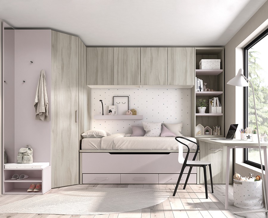 Chambre ado avec lit compact avec tiroirs, armoire, meuble de finition avec  miroir, et bureau avec meuble de rangement, caisson à roulettes et étagères  - UNNIQ Habitat