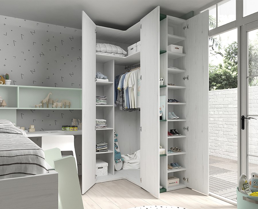 Chambre enfant avec lit gigogne et échelle, armoire d'angle, armoire de  finition, et bureau avec étagères et meuble de rangement extractible -  UNNIQ Habitat